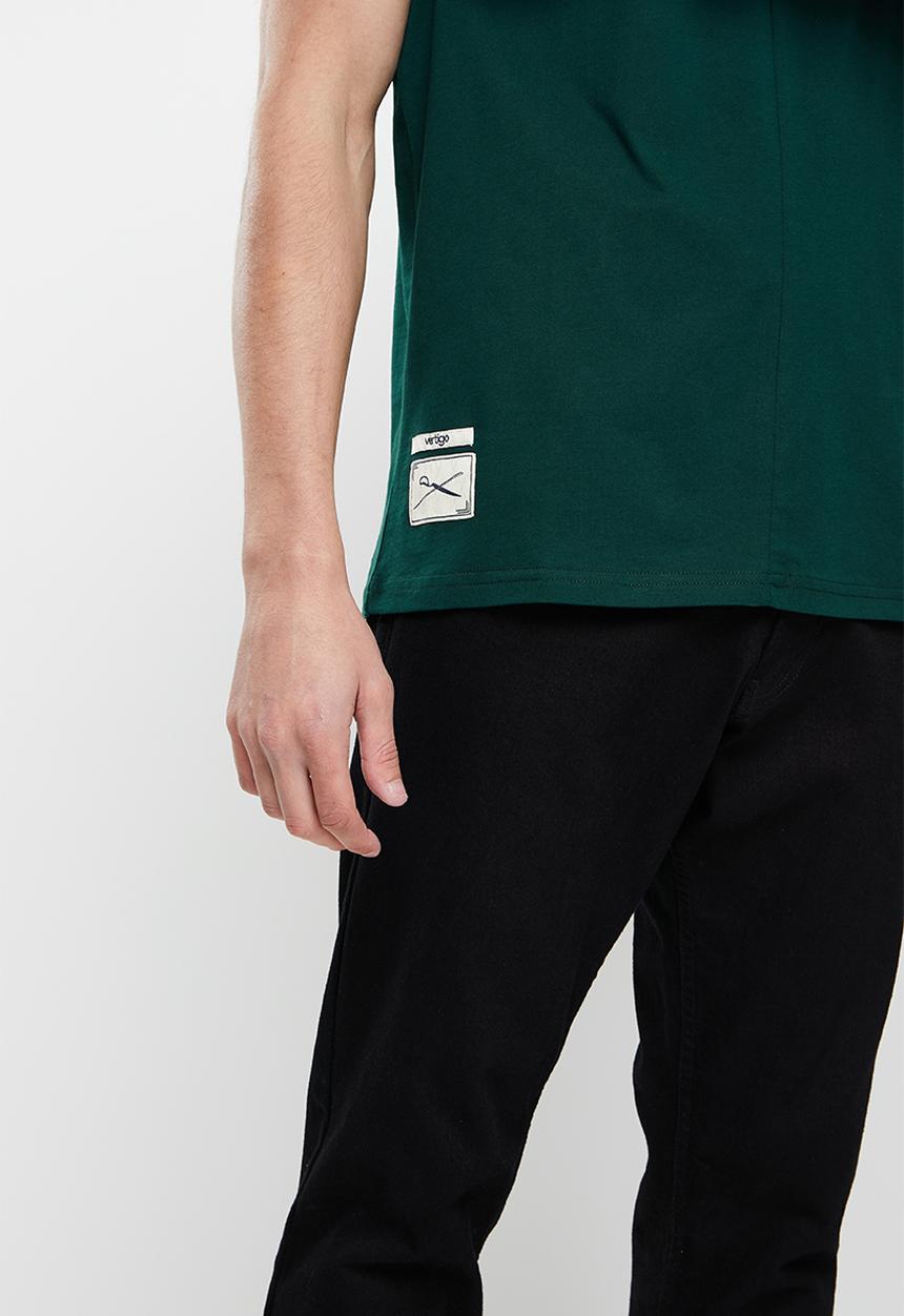 Vertigo - Vertigo print & embroidery split seam crew tee - dark sea