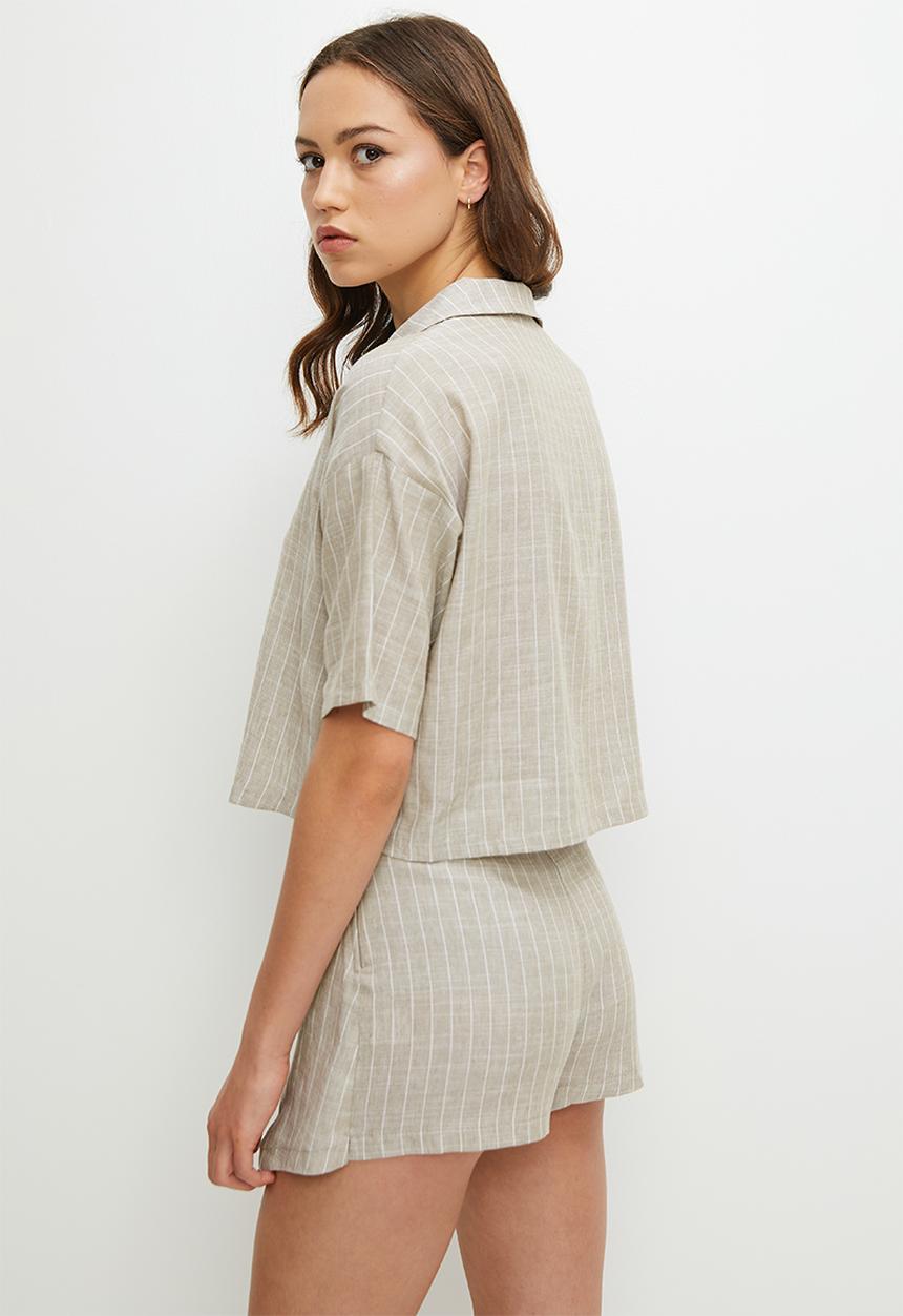 Blake - Oversized Crop Shirt - natural stripe