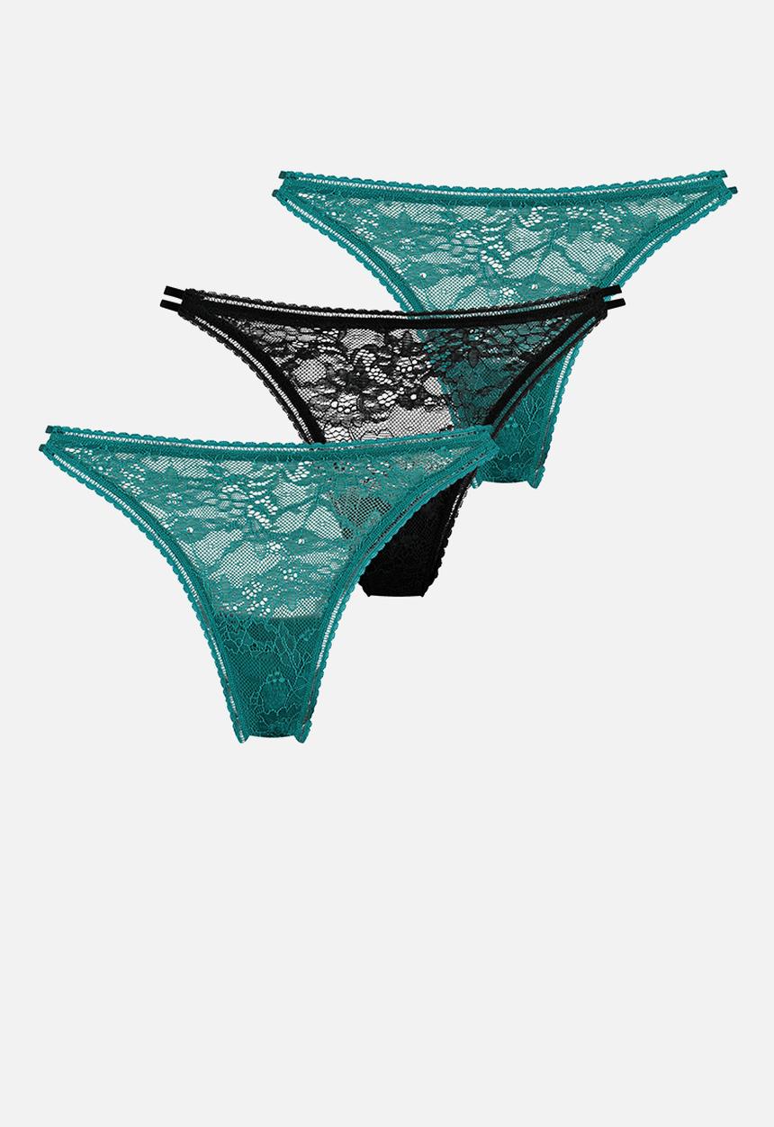 Hunkemoller - 3 Pack lyla high leg string thong - black & green 