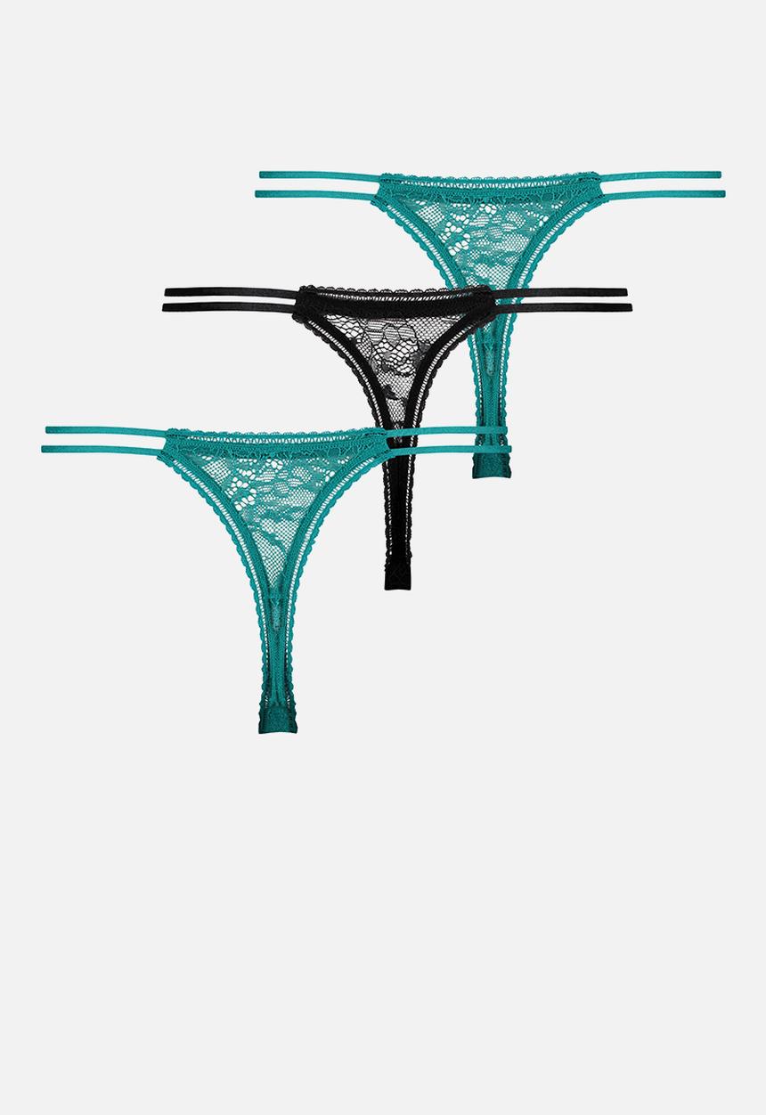Hunkemoller - 3 Pack lyla high leg string thong - black & green 