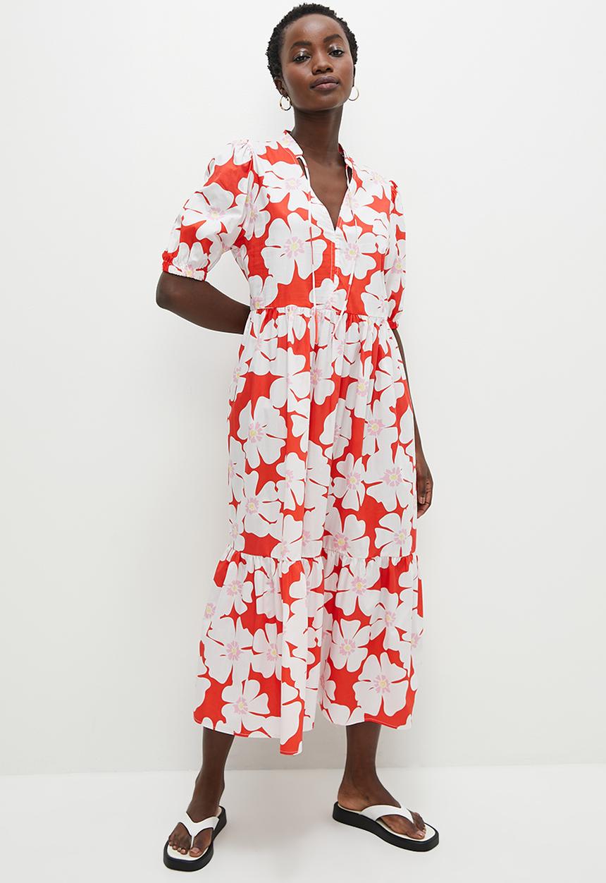Superbalist - Printed tiered midi  dress - red daisy