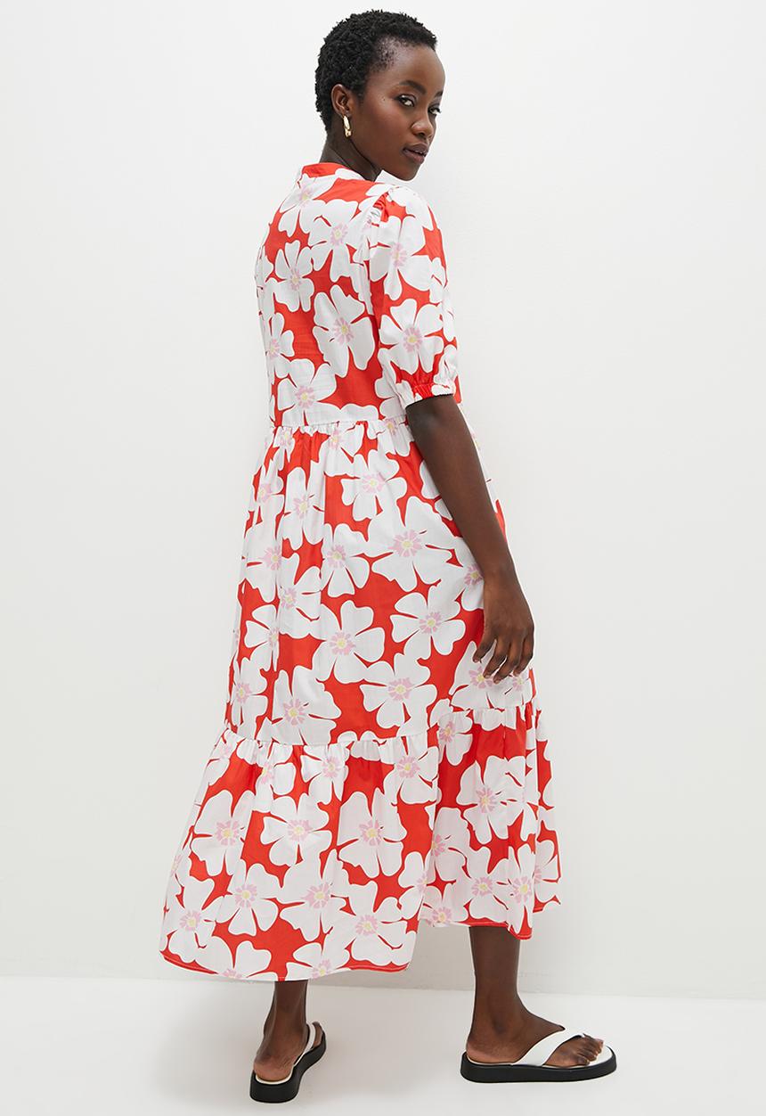 Superbalist - Printed tiered midi  dress - red daisy