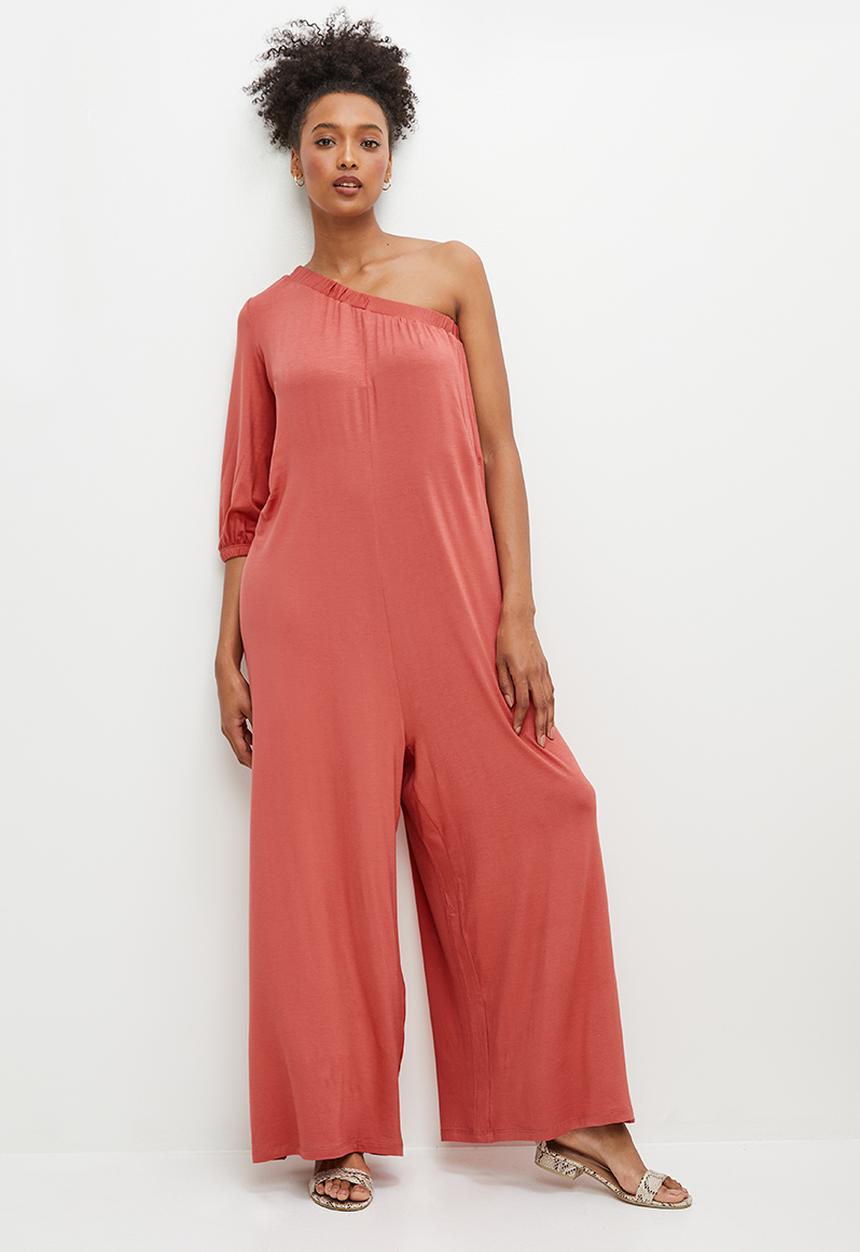 edit - One shoulder knit wide leg jumpsuit - terracotta