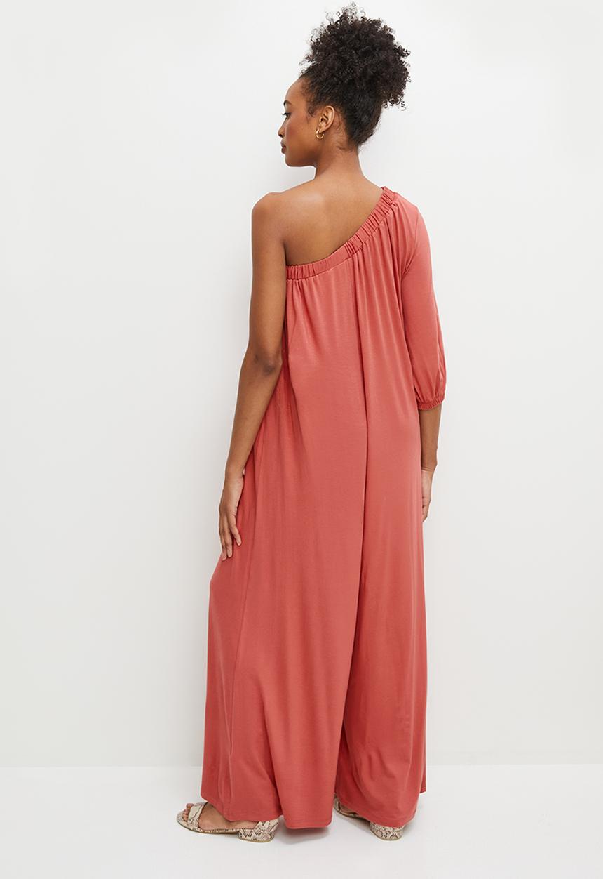 edit - One shoulder knit wide leg jumpsuit - terracotta