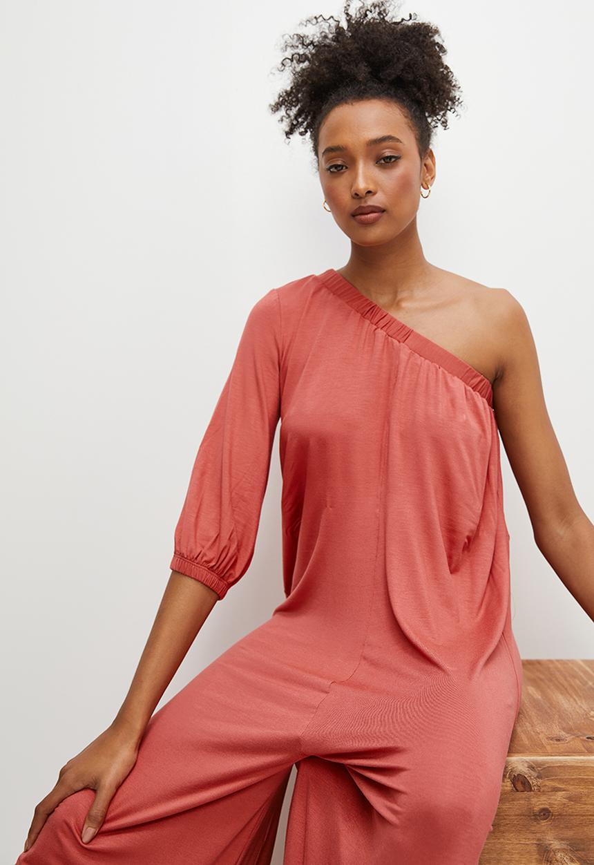 edit - One shoulder knit wide leg jumpsuit - terracotta