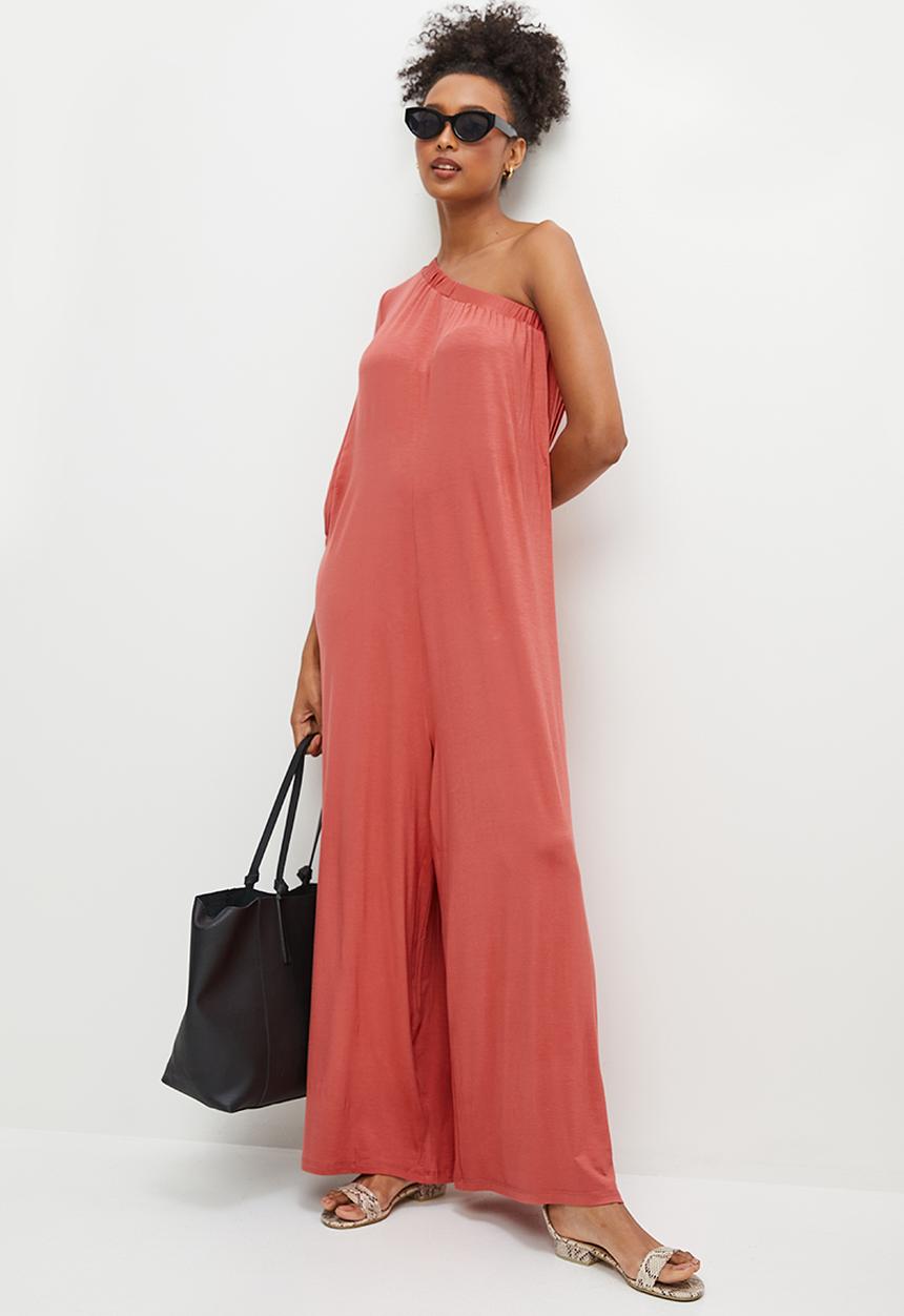 edit - One shoulder knit wide leg jumpsuit - terracotta