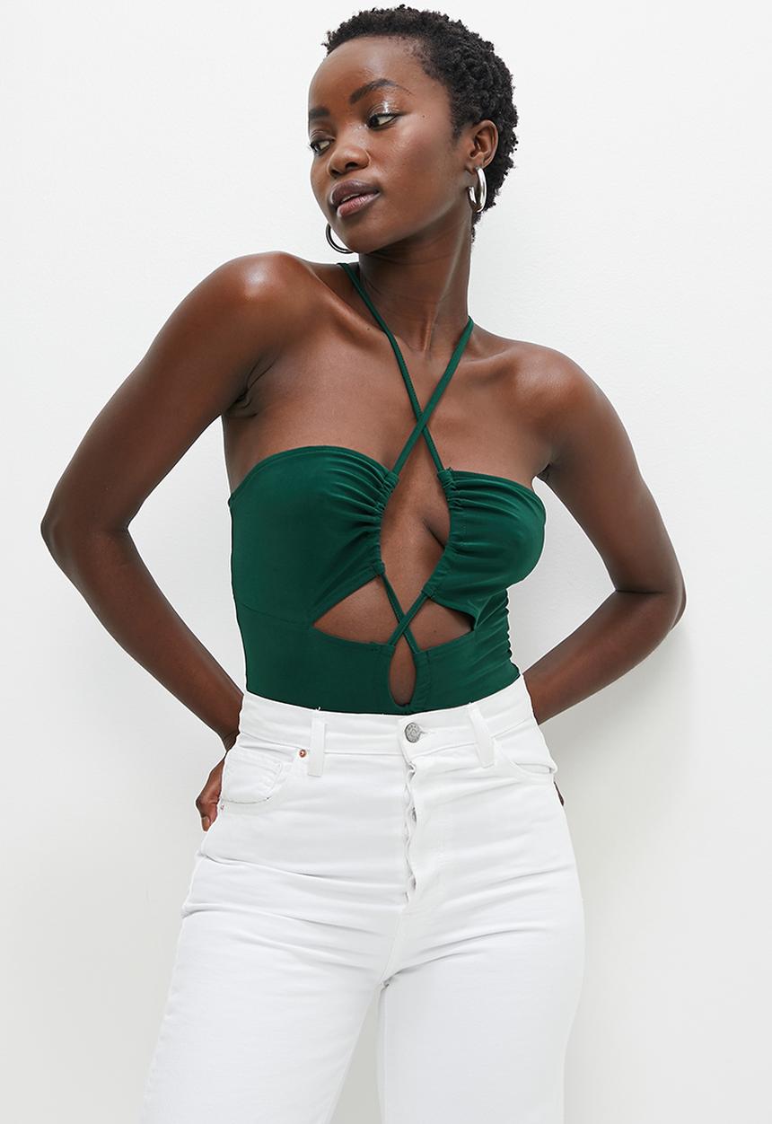 VELVET - Strappy cutout bodysuit with drawstring detail - trekking green