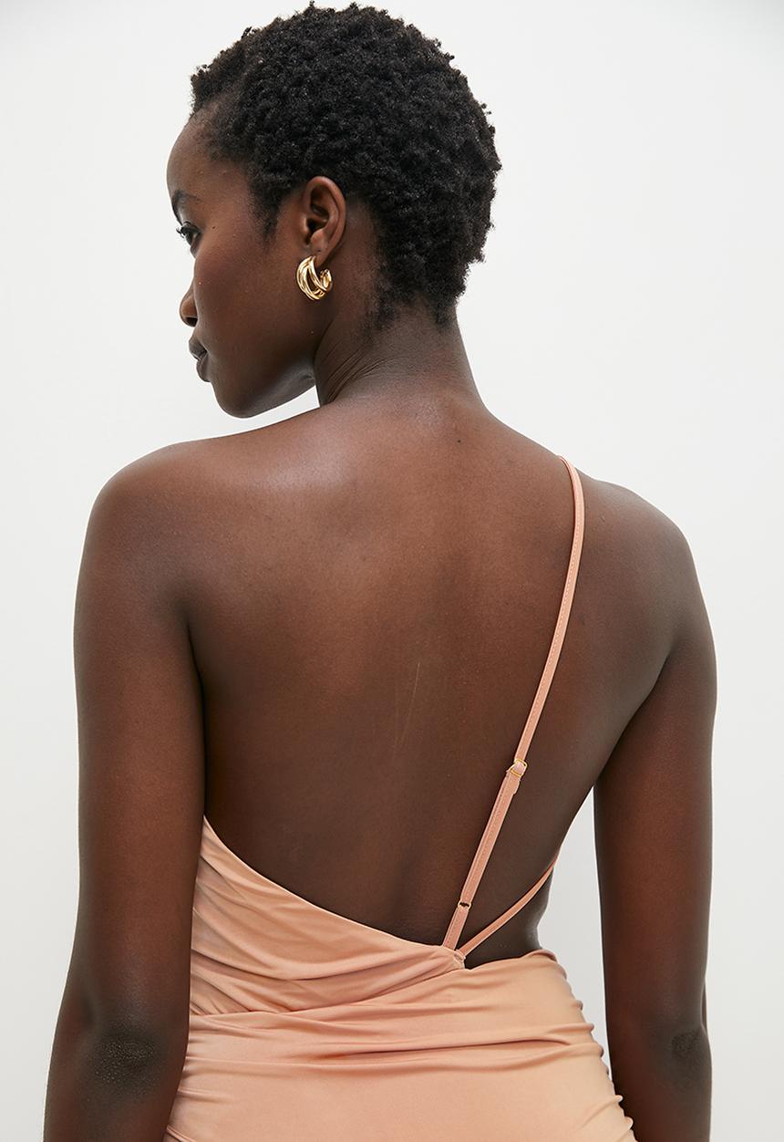 VELVET - Asym ruched bodycon dress with cut out - clay