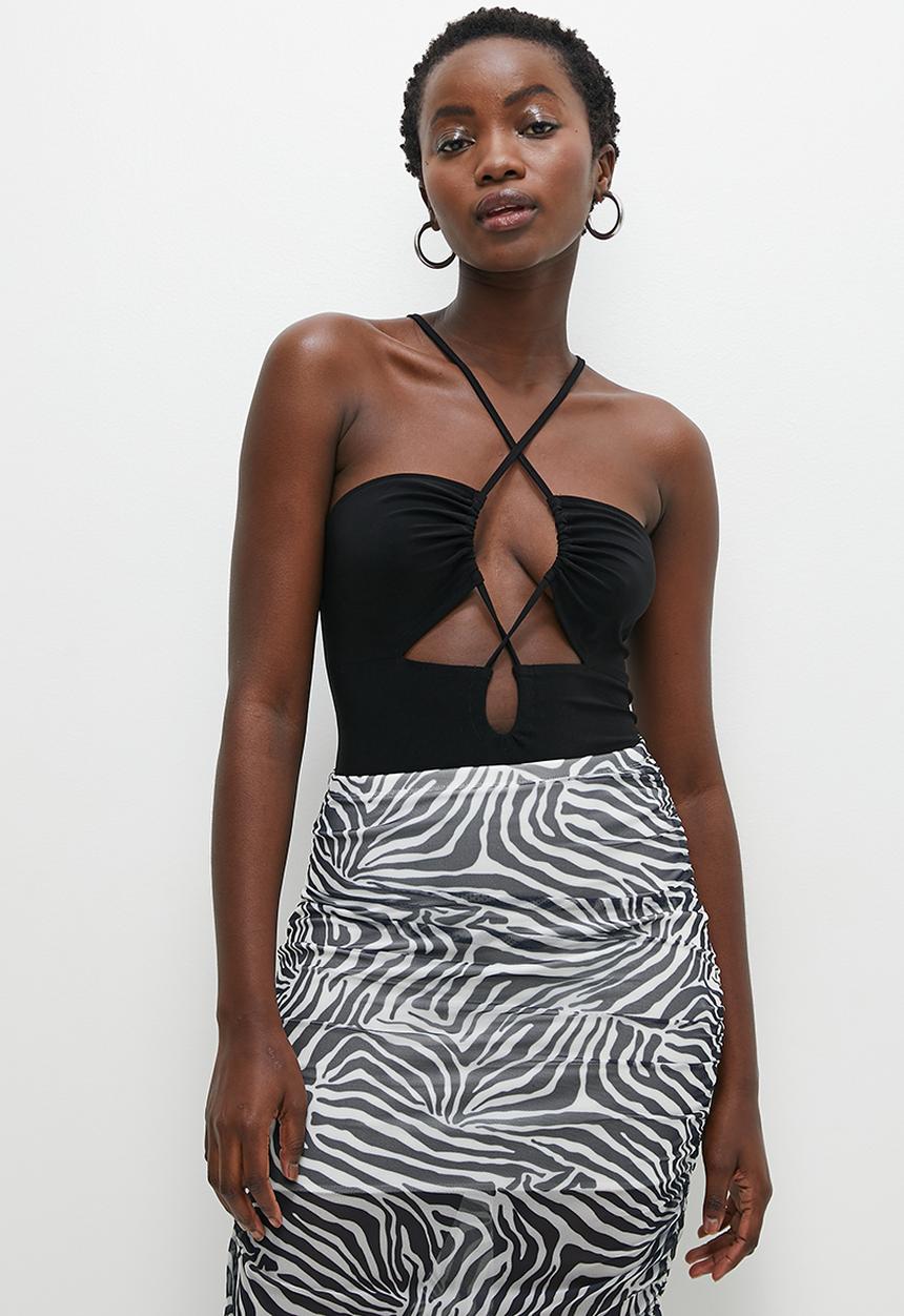 VELVET - Strappy cutout bodysuit with drawstring detail - black