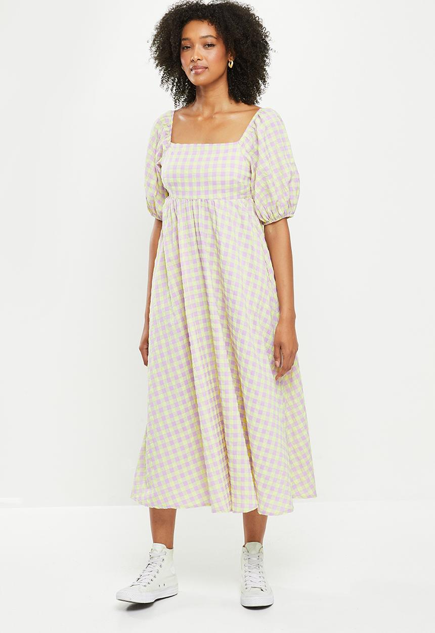 Me&B - Babydoll side pocket shirring back midi dress - lilac & yellow 