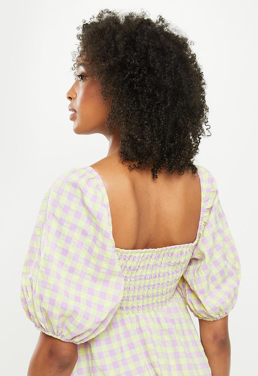Me&B - Babydoll side pocket shirring back midi dress - lilac & yellow 