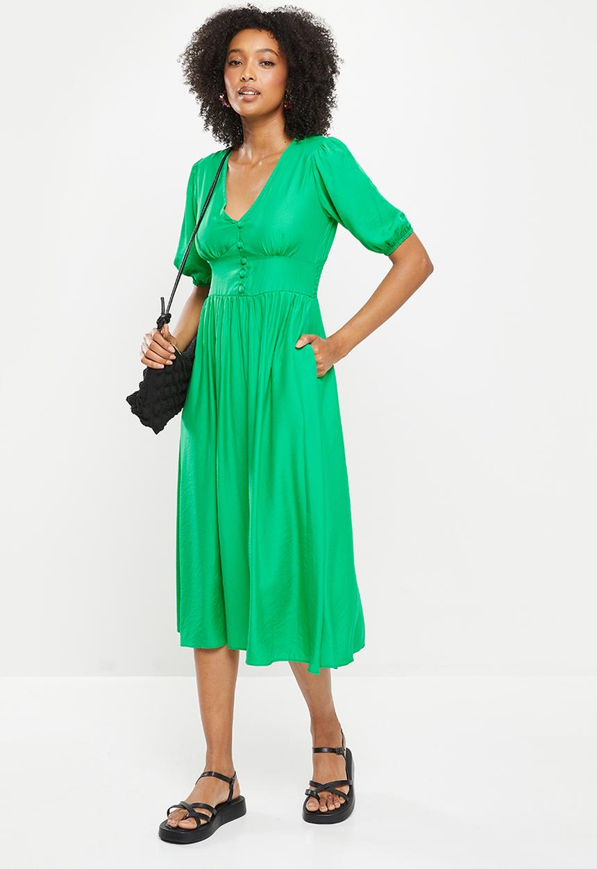Me&B - Button front empire bamboo plain tea dress - grass green