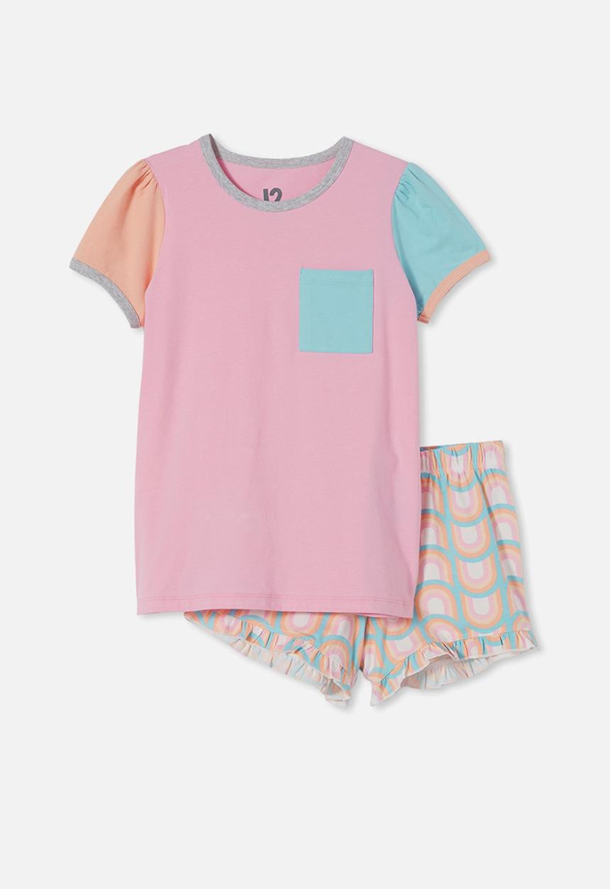 Cotton On - Fae short sleeve pyjama set - cali pink & colour block rainbows