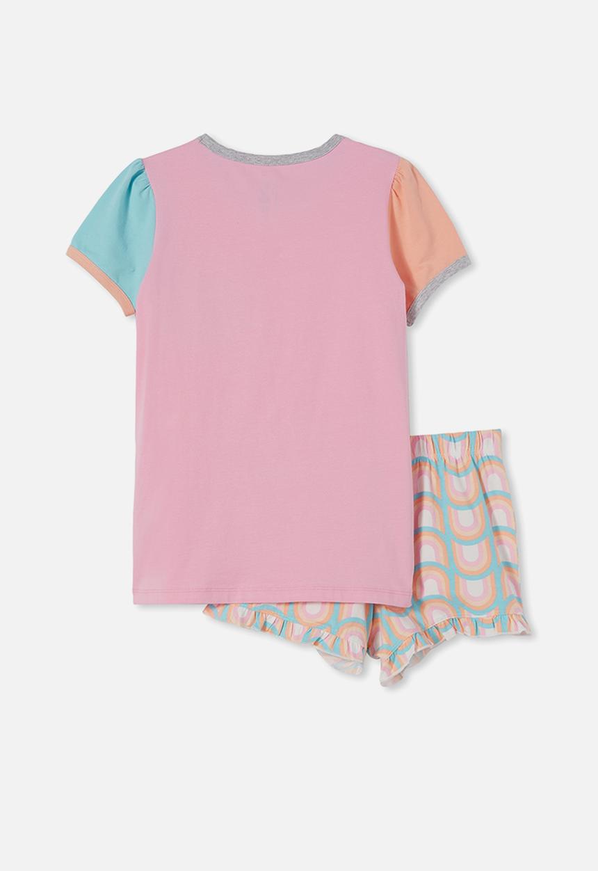 Cotton On - Fae short sleeve pyjama set - cali pink & colour block rainbows