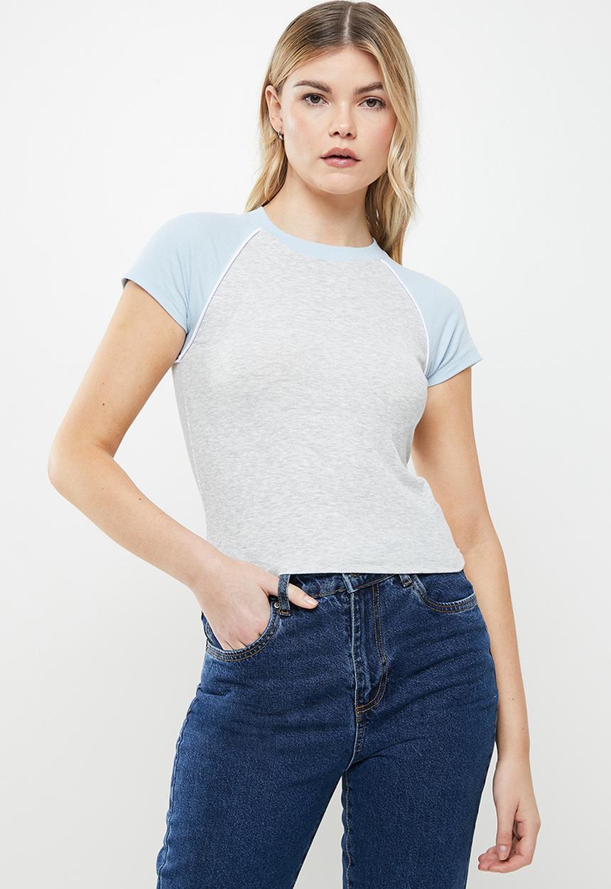 Cotton On - Alana raglan short sleeve tee - light grey marle & seaside blue
