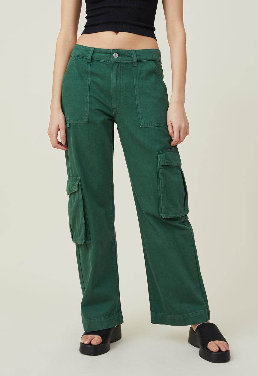 Cotton On - Low rise cargo denim jean - pine forest green