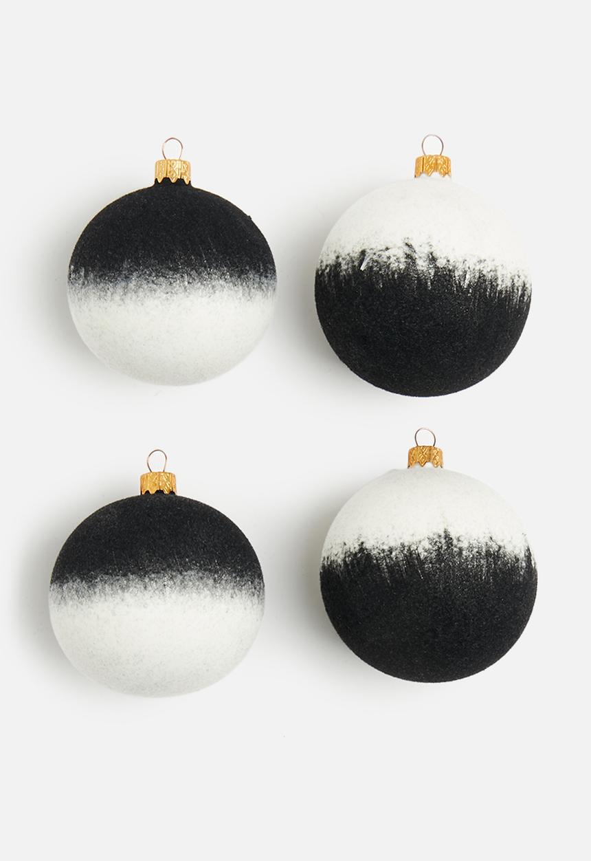 H&S - Flocked christmas baubles set of 4 - black & white