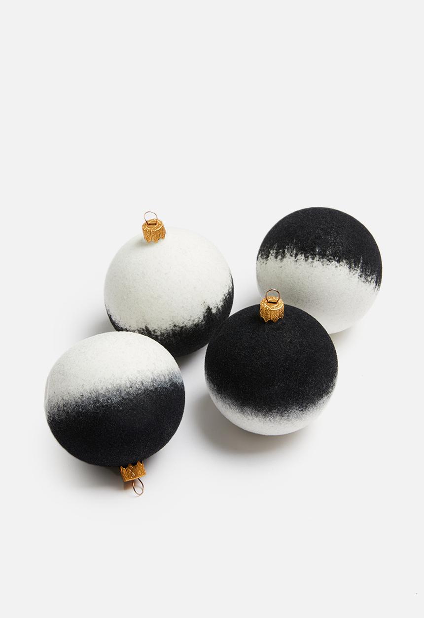 H&S - Flocked christmas baubles set of 4 - black & white