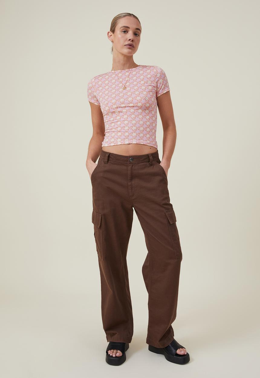 Cotton On - Drew crew neck short sleeve top - ginny houndstooth sweet mauve