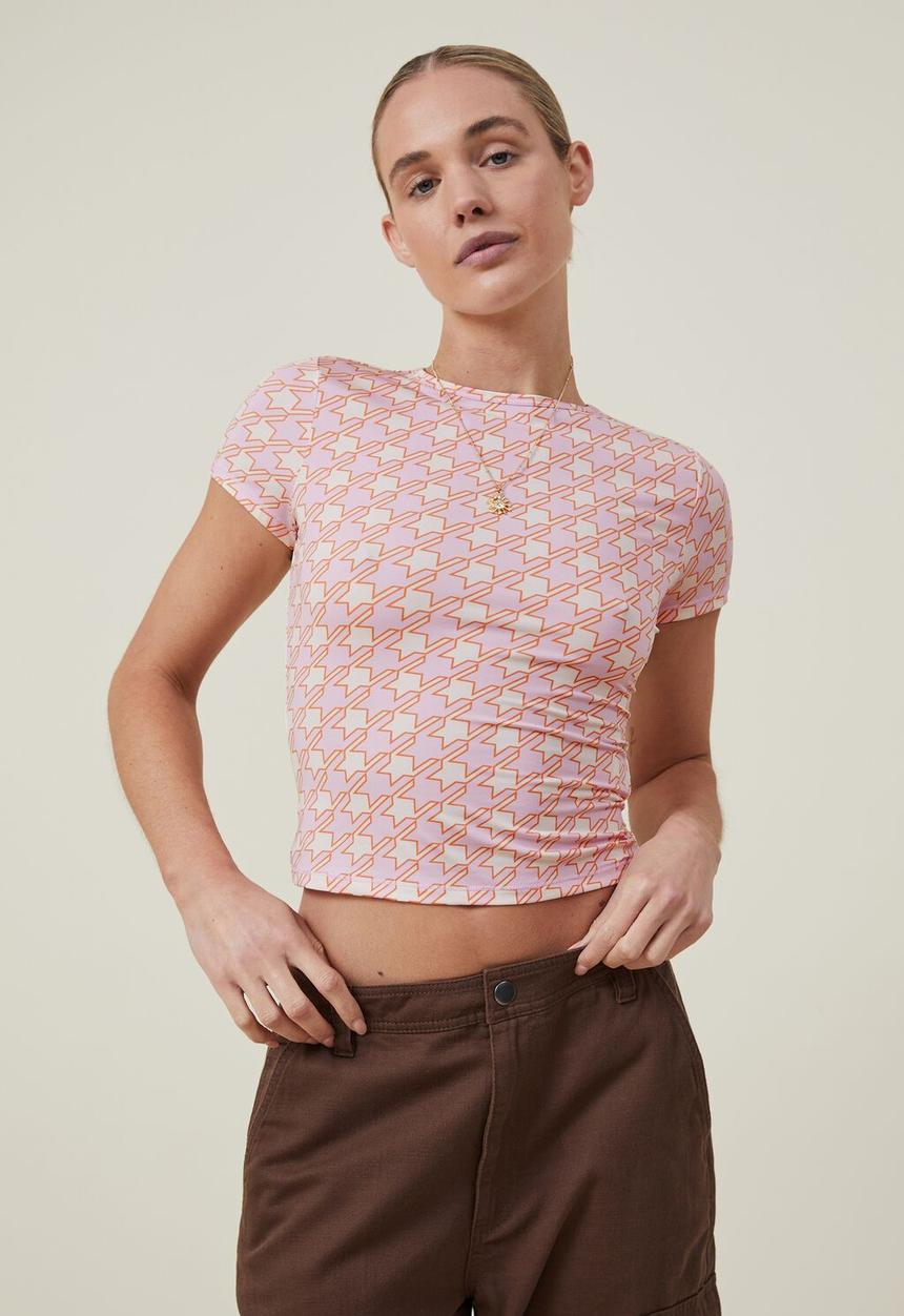 Cotton On - Drew crew neck short sleeve top - ginny houndstooth sweet mauve