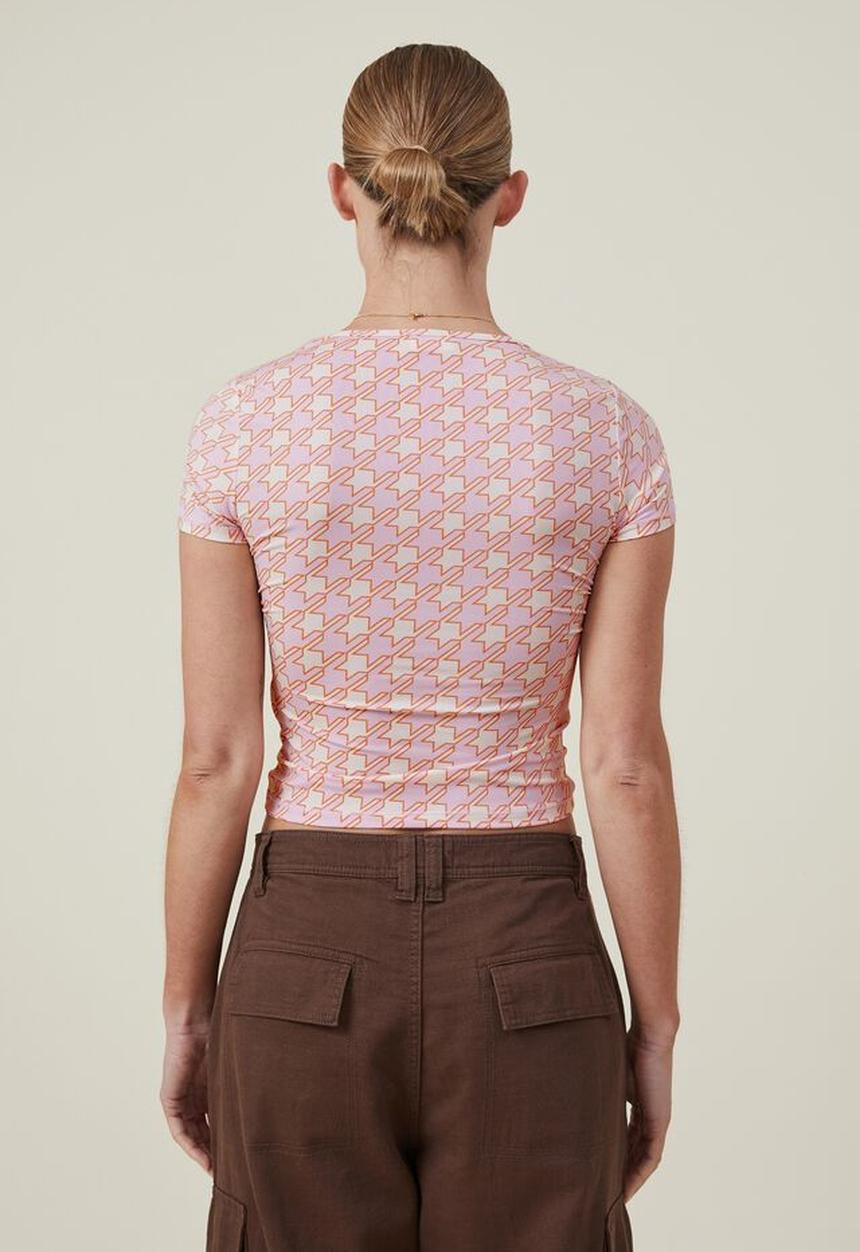 Cotton On - Drew crew neck short sleeve top - ginny houndstooth sweet mauve