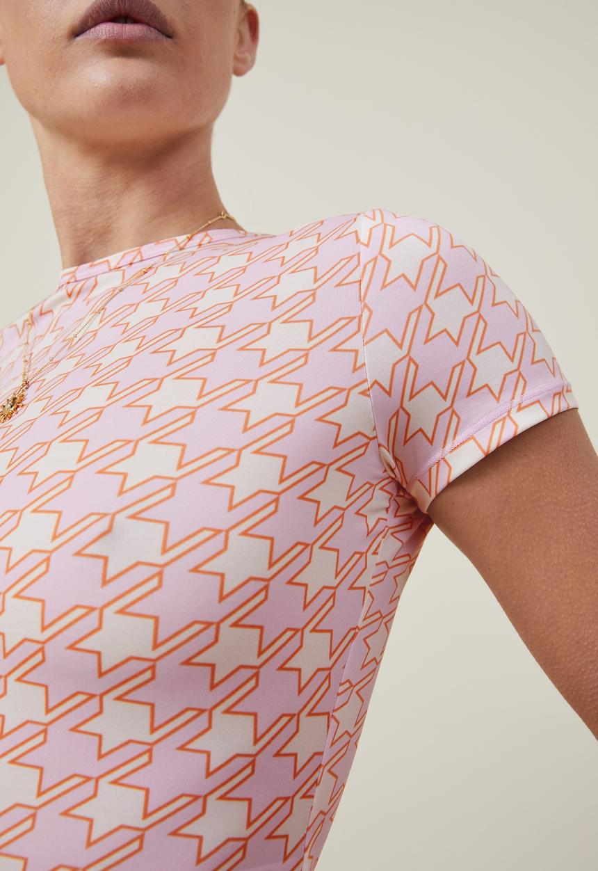 Cotton On - Drew crew neck short sleeve top - ginny houndstooth sweet mauve