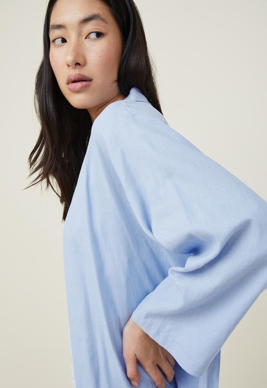 Cotton On - Linen blend sleep robe - hydranger blue
