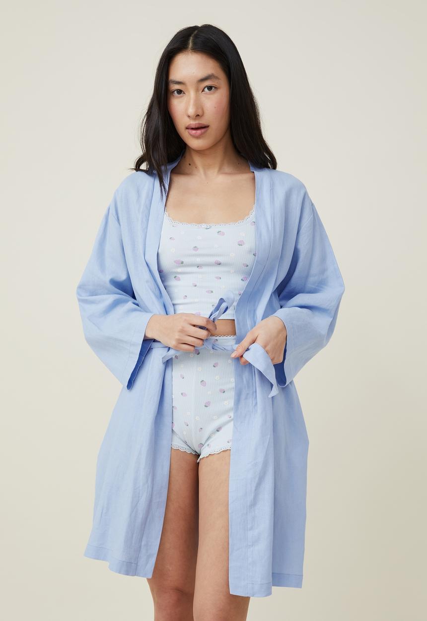 Cotton On - Linen blend sleep robe - hydranger blue