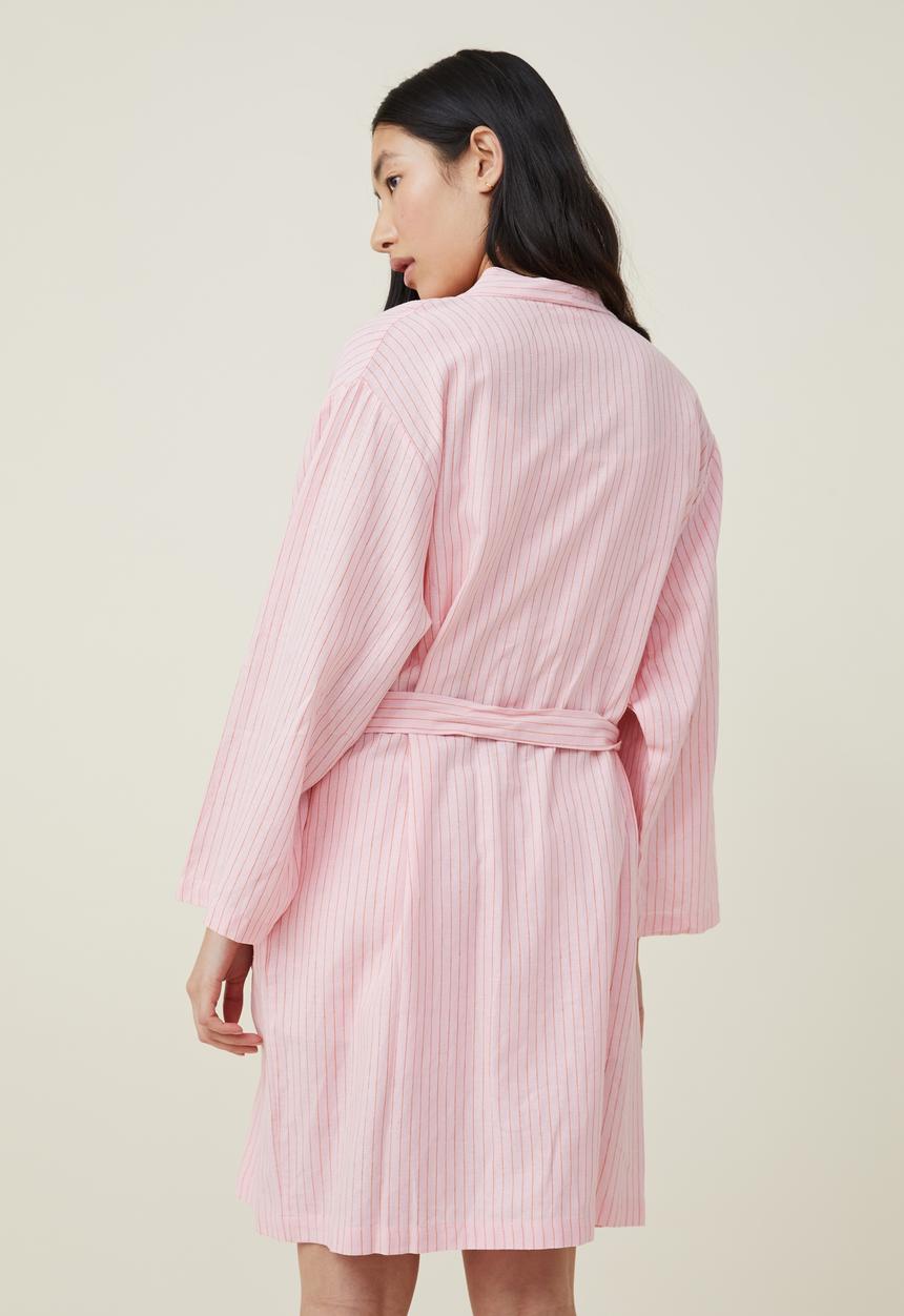 Cotton On - Linen blend sleep robe - pink orange pinstripe
