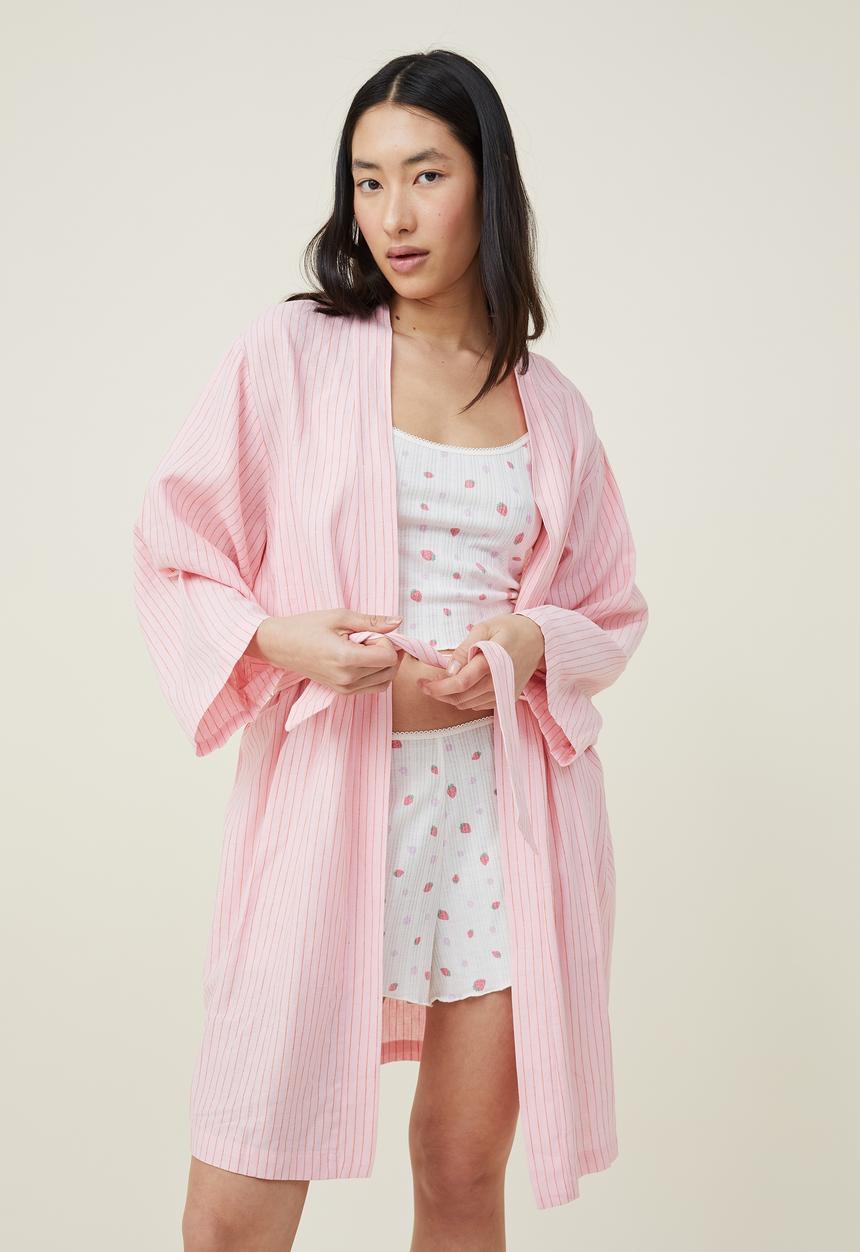 Cotton On - Linen blend sleep robe - pink orange pinstripe