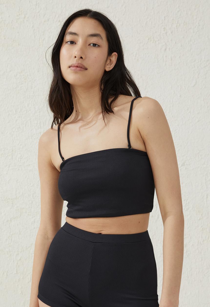 Cotton On - Longline bandeau bikini top - black rib