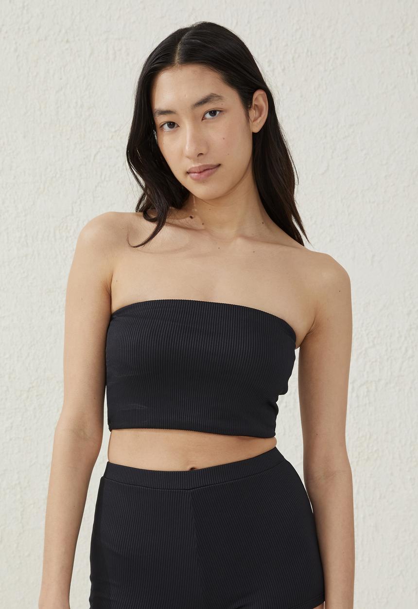 Cotton On - Longline bandeau bikini top - black rib