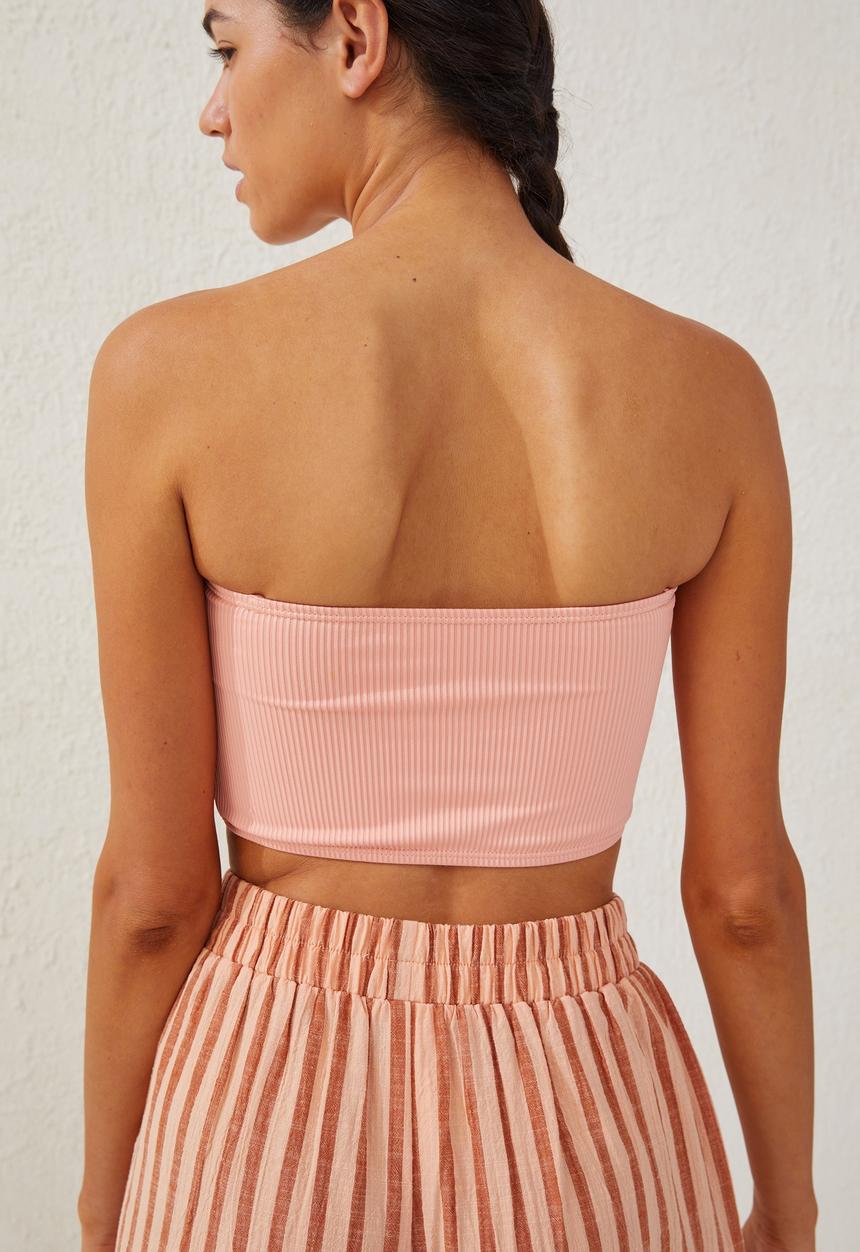 Cotton On - Longline bandeau bikini top - sunset peach rib