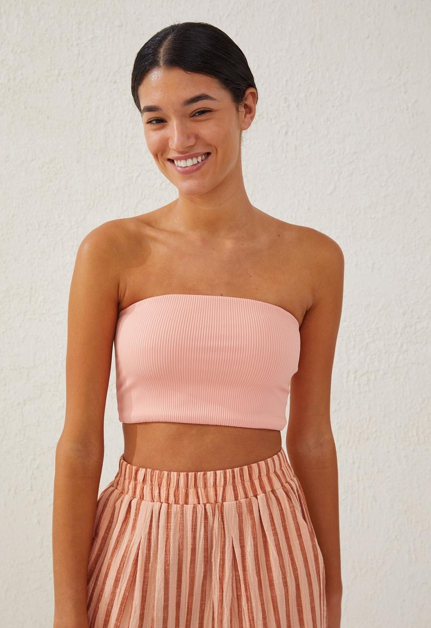Cotton On - Longline bandeau bikini top - sunset peach rib