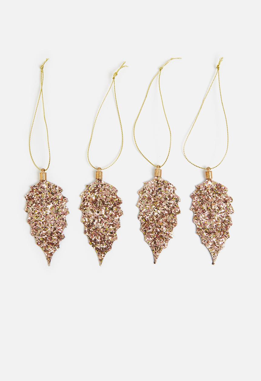 H&S - Leaf glitter hanging decoration set of 4 - champagne