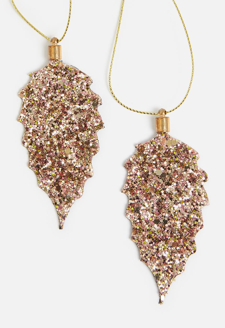 H&S - Leaf glitter hanging decoration set of 4 - champagne