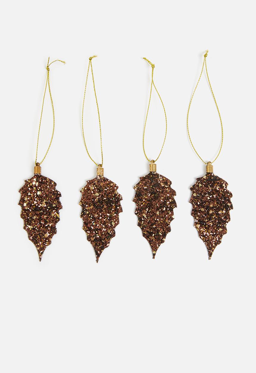 H&S - Leaf glitter hanging decoration set of 4 - copper