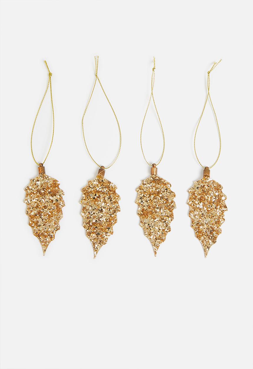 H&S - Leaf glitter hanging decoration set of 4 - gold