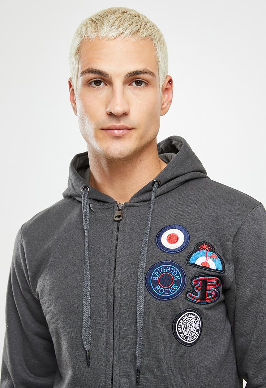 Ben Sherman - Emb badge zip thru hoodie - charcoal