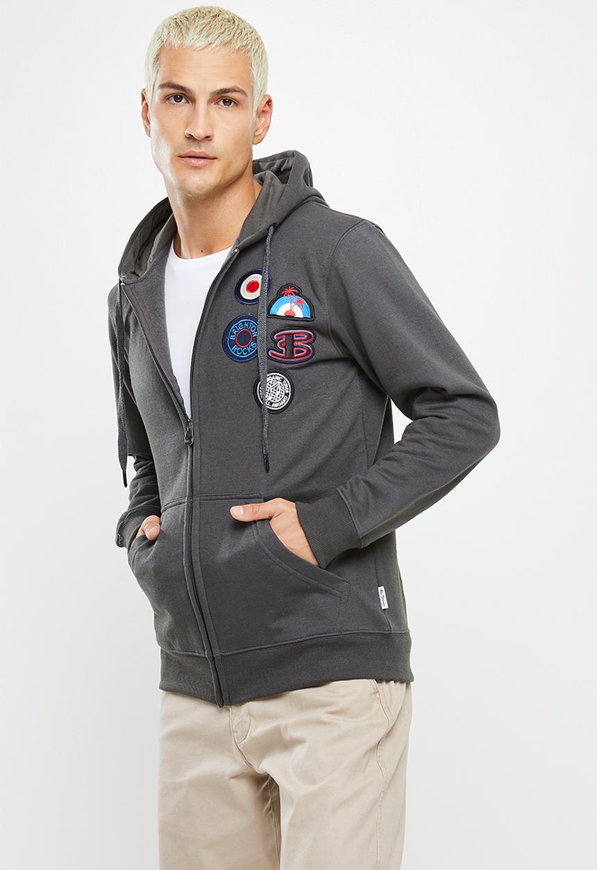 Ben Sherman - Emb badge zip thru hoodie - charcoal