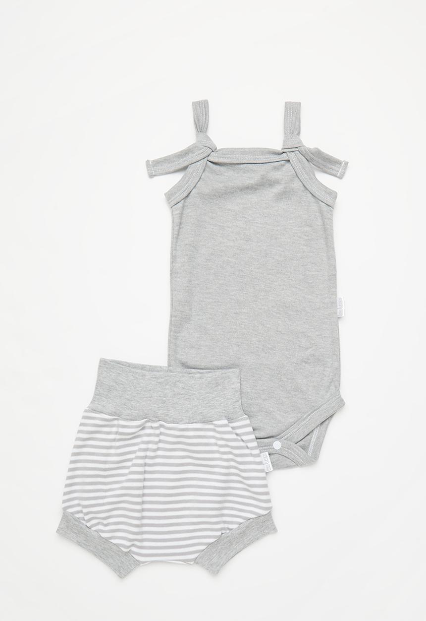Little Lumps - Strappy onesie & shorts - grey stripe