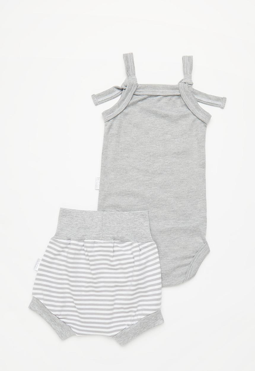 Little Lumps - Strappy onesie & shorts - grey stripe