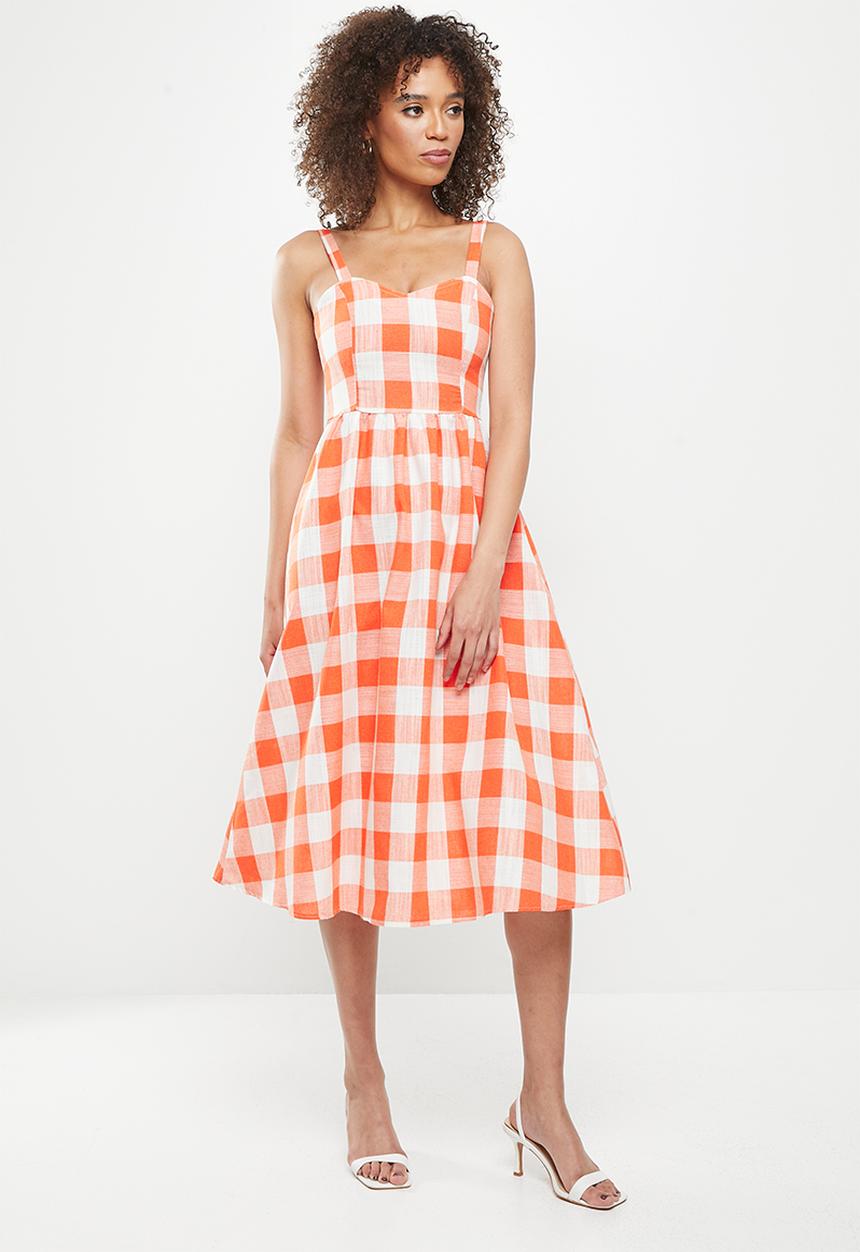Me&B - Panelled corset linen check dress - orange & milk