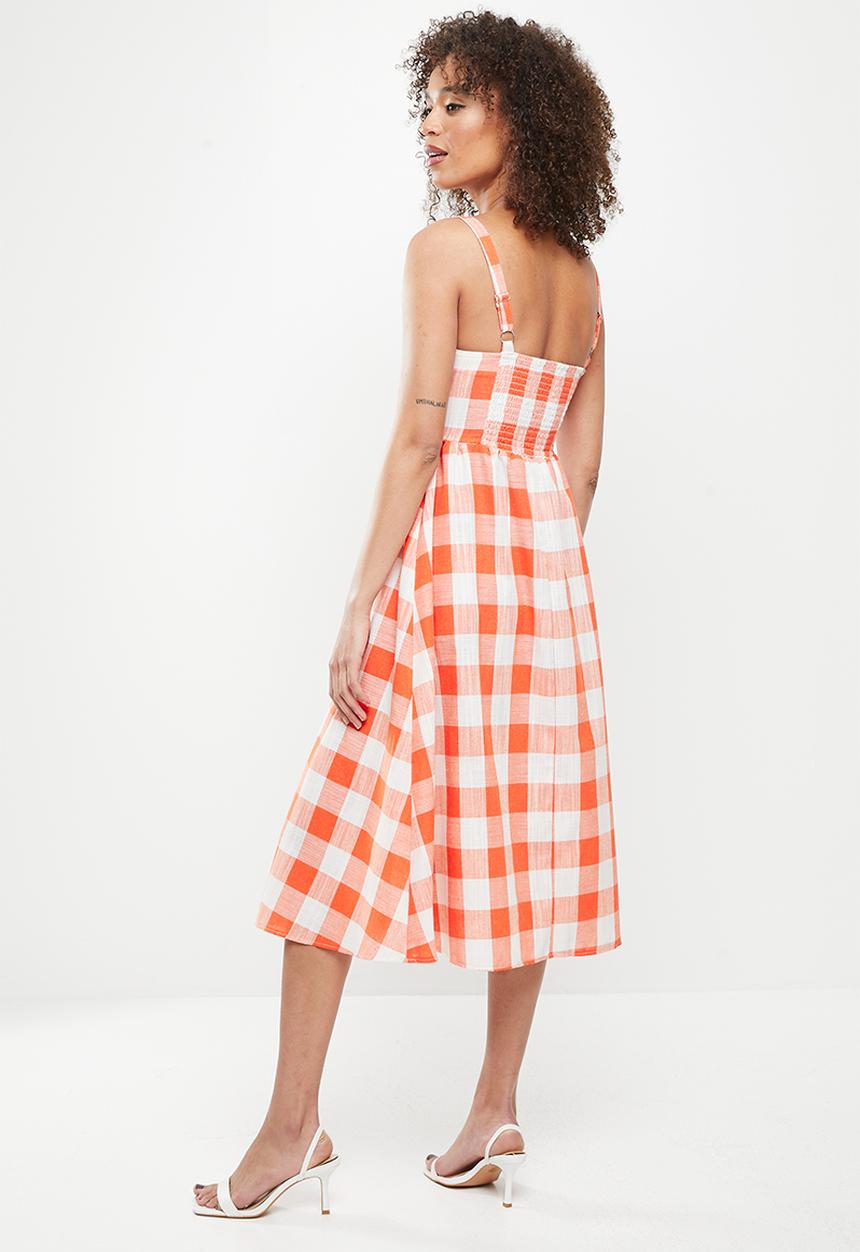 Me&B - Panelled corset linen check dress - orange & milk