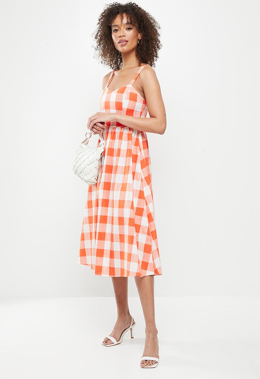 Me&B - Panelled corset linen check dress - orange & milk