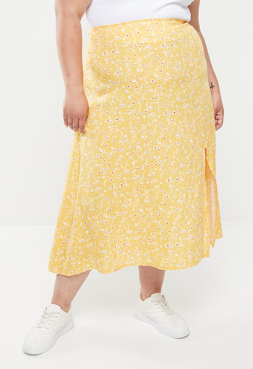 Trendyol - Plus print slit detail skirt - yellow