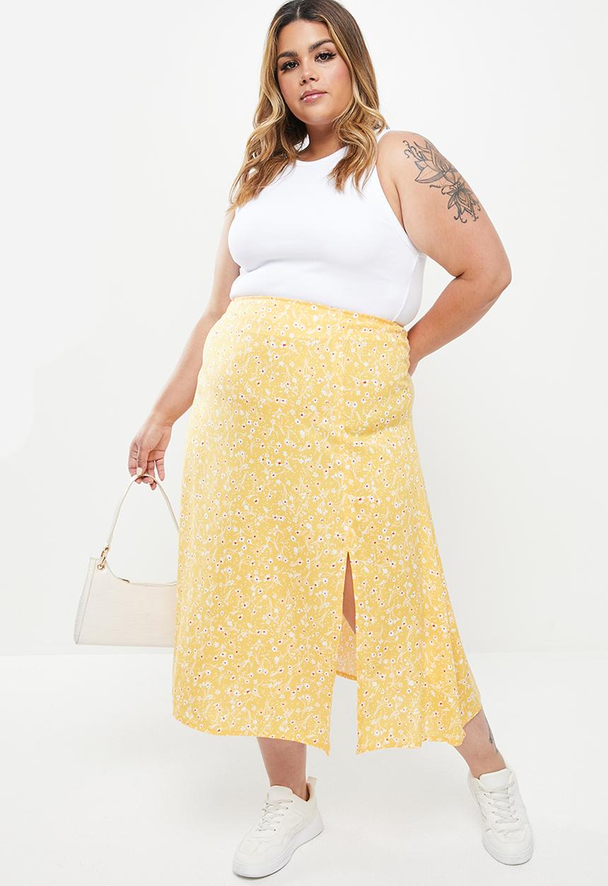 Trendyol - Plus print slit detail skirt - yellow
