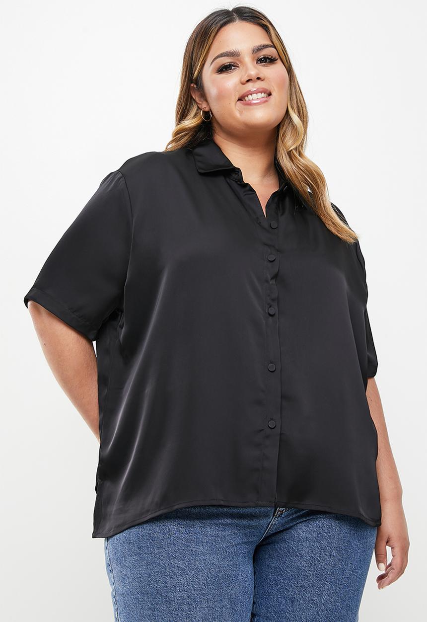 Cotton On - Curve amalfi short sleeve satin shirt - black
