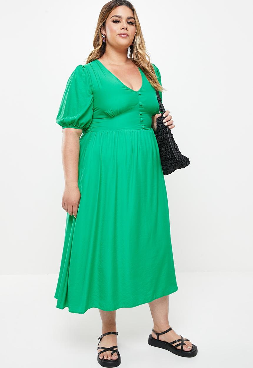 Me&B - Plus button empire bamboo plain tea dress - grass green