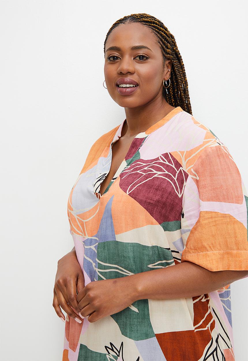 edit Plus - Mandarin collar tunic - multi cutout tropical